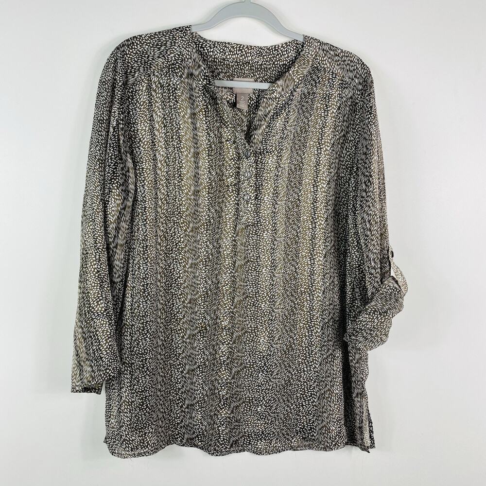 Chico's Size Large 12 2 Printed Dot Life Long Sleeve Top Tan White Sheer